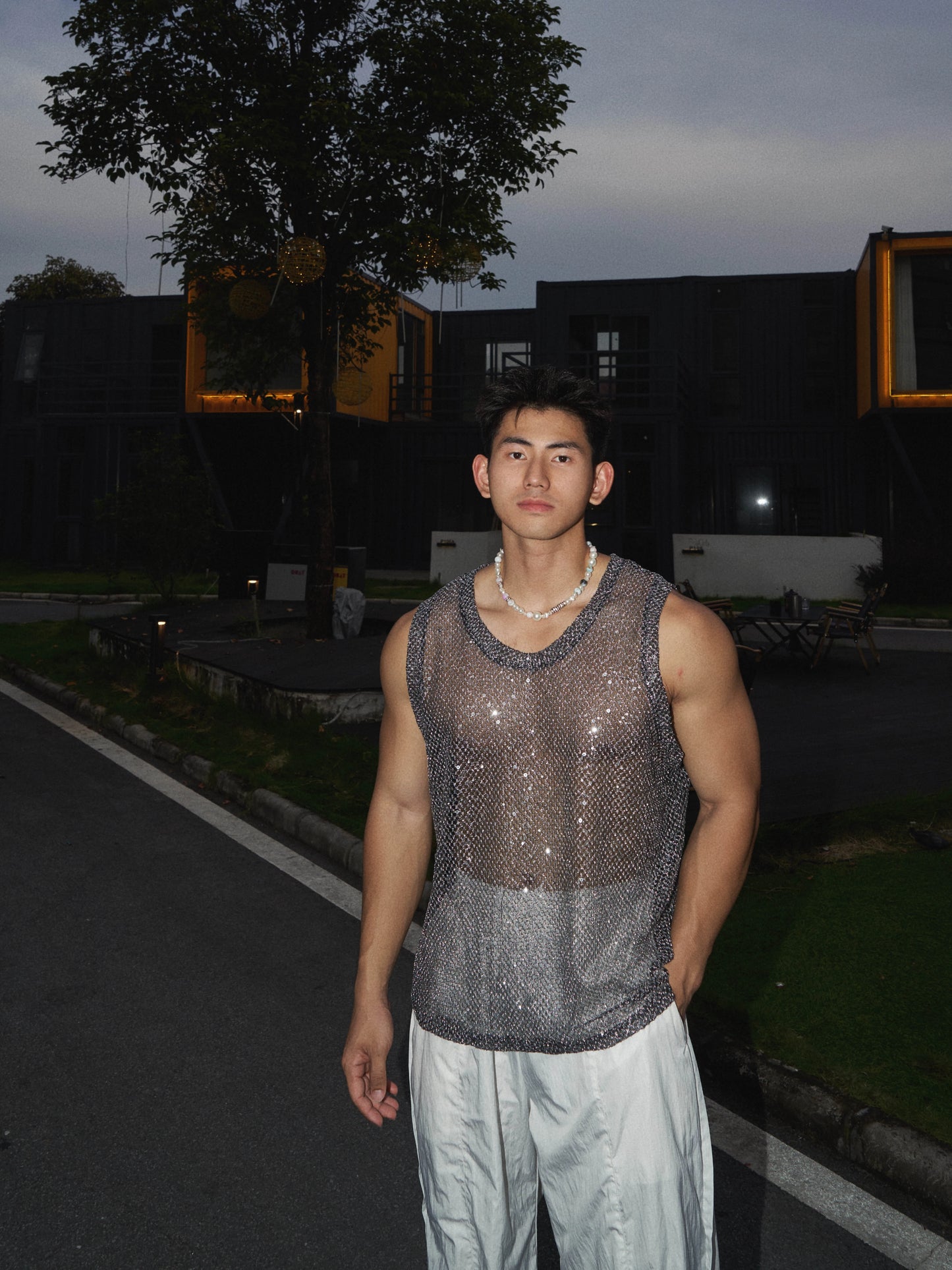 SUMMER VACATION BEACH LANGUID WIND VEST MEN'S NICHE DESIGN CUT-OUT SEQUINS BLINGBLING