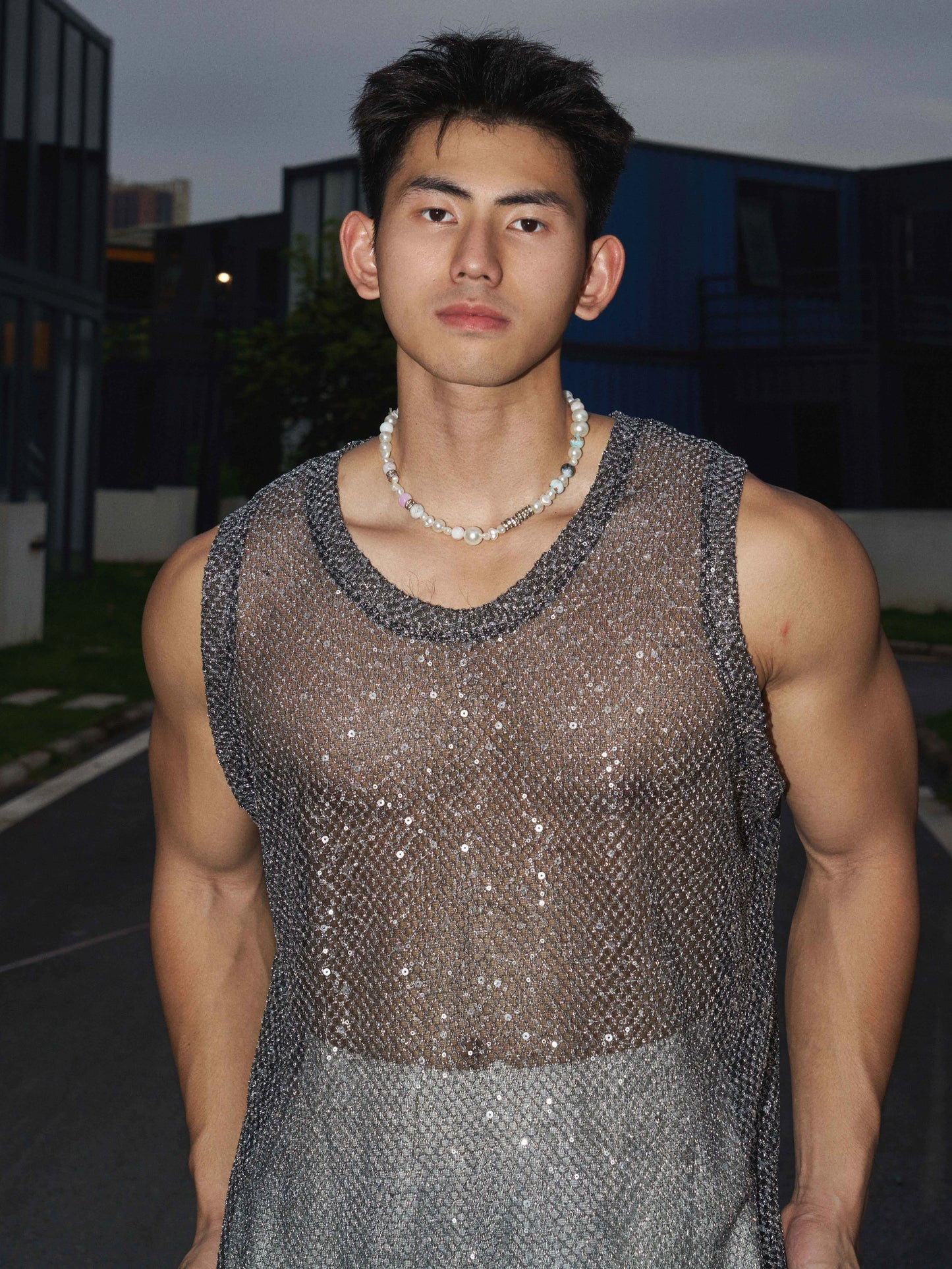 SUMMER VACATION BEACH LANGUID WIND VEST MEN'S NICHE DESIGN CUT-OUT SEQUINS BLINGBLING