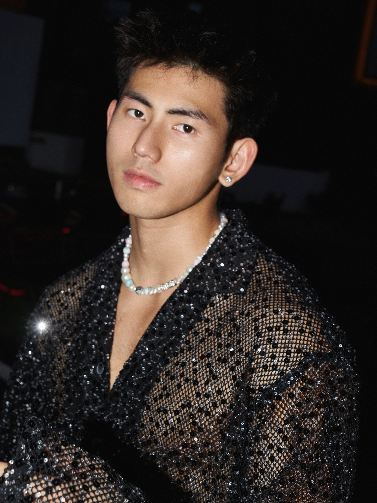 American niche design shiny silver sequins cut-out long-sleeved shirt for men