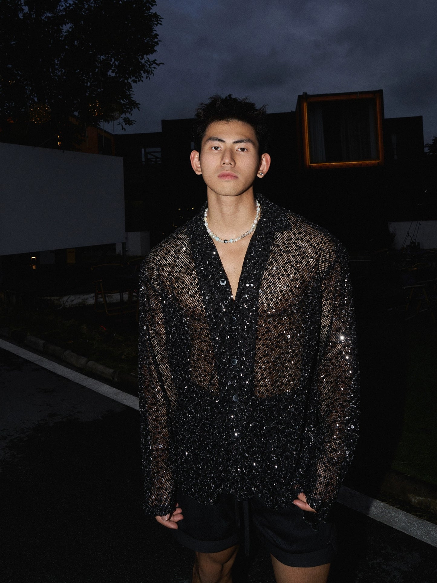 American niche design shiny silver sequins cut-out long-sleeved shirt for men