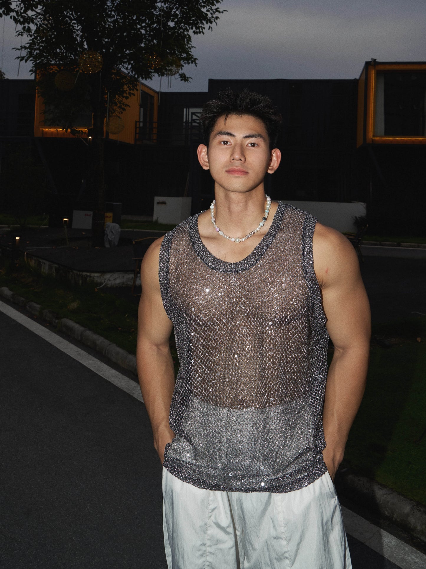 SUMMER VACATION BEACH LANGUID WIND VEST MEN'S NICHE DESIGN CUT-OUT SEQUINS BLINGBLING